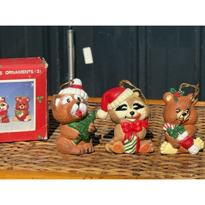 Vintage Christmas Critters Ornaments Set of 3 Bear Raccoon Dog 2 1/2” Tall